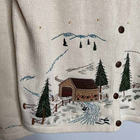 Christopher & Banks Winter Forest Cabin Full Button Sweater Cardigan Size L - Picture 4 of 14